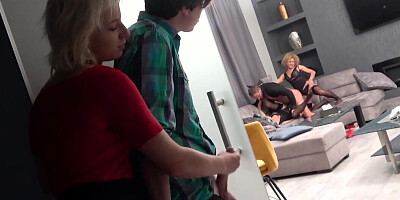 Man inserts cock in pussies while girl wanks stepbro