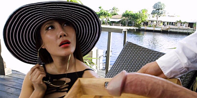 Boss Tiffany Rain enjoys a glass of cum after fucking the bartender by the pool