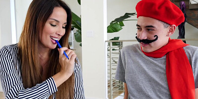 Teacher Anissa Kate sucks student under the table then fucks him on the sofa