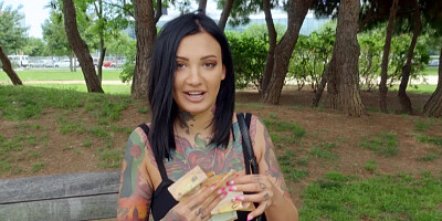 Inked slut Adel Asanty fucks for money in public