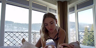 Fitness Model in Black Lingerie Gets Fucked in a Room with a Mountain View