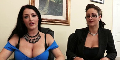 Johnny Sins is shared by two busty brunettes in a job interview