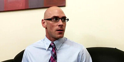 Johnny Sins is shared by two busty brunettes in a job interview