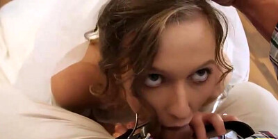 Yummy bride is providing a blow-job to the hottest guy, while her hubby is observing