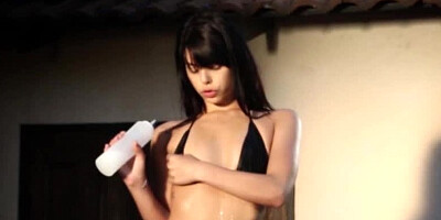 Slender brunette enjoys outdoor fuck with swain