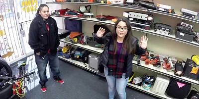 Extremely hot Lesbian thief tries a dick and gets her vagina bumped by the pawnshop owner