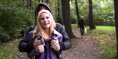 Blonde gets naked and has sex in public
