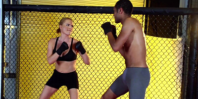 Rowdy Krissy puts fighter's throbbing cock in her mouth and cunt