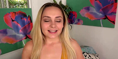 Flirty platinum-blonde honey, Aften Opal is touching her shaven honeypot, in front of the camera