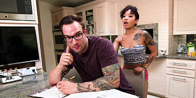 Honey Gold sucks cock & bends over the kitchen counter for a hard fuck