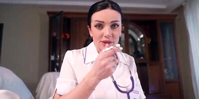 Whorey dark-haired nurse with uber-cute globes is deep throating her patient's dinky before getting pounded rock hard