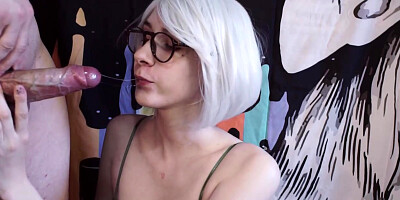 Thin ash-blonde teenie with glasses gives hard deep throat to a buddy, gets her hatch packed with spunk