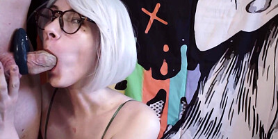 Thin ash-blonde teenie with glasses gives hard deep throat to a buddy, gets her hatch packed with spunk