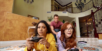 Guy plays a game called interracial sex with two roommates