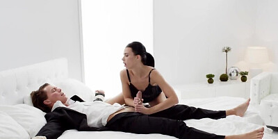 Submissive dude is tied up and he can not touch Jenny Doll