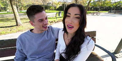 Clea Gaultier is sucking Tommy Cabrio's cock on the bench