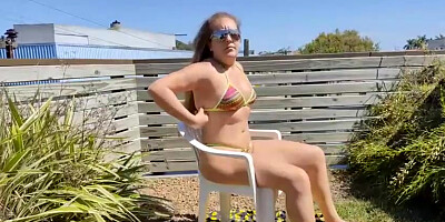 Unexperienced dark haired, Kellenzinha is tanning in the garden in a lil' bathing suit and liking it a pile