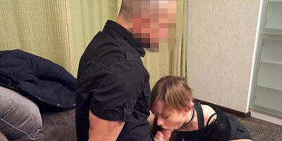 Debtor receives cock deep down her throat and pussy