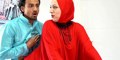 Busty woman wearing a hijab is cheating on her man