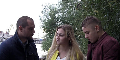 Beautiful amateur blonde gets shared by two handsome dudes outdoors