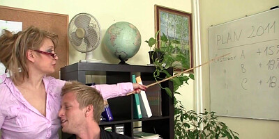 The mature secretary is giving a blowjob to the young stud