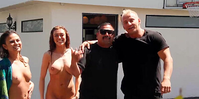 Fantastic girls with ample fun bags were having a douche together when folks came to prank them