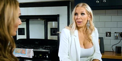 Buxom blond cougar is sharing her paramour with her thick breasted stap - stepdaughter, just for joy