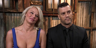 Married blonde with head in cage gets fucked