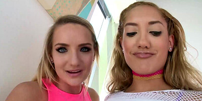 Busty blonde Cali Carter and slender sexpot Chloe Amour anal threesome