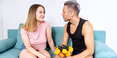 Cute teen Amalia Davis gets eaten out and shagged on the sofa