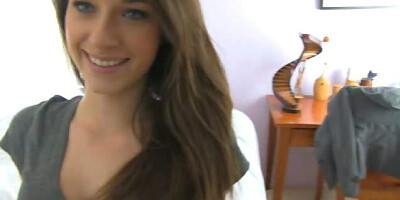 Brunette cutie Lacy Channing drops to her knees for an oral sex servicing of her new bf