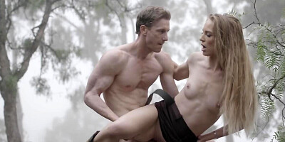 Outdoor hardcore banging between a couple in a misty forest