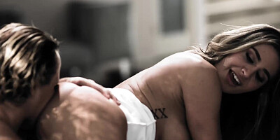 Two huge cocks down to Ella Reese throat