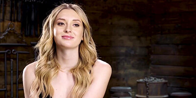 Bound in metal blonde whipped and fucked with dildo