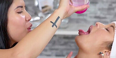 Asian yoga lesbians fingering at gym