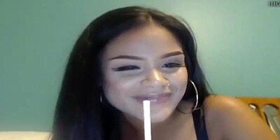 Huge-Chested, Brazilian brown-haired is delicately jacking in front of the web camera, late at night