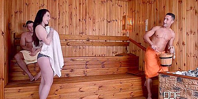Busty Brunette Hot Sauna Threesome Sex With Choky Ice And Harmony Reigns