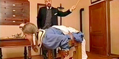 Bald teacher spank young student