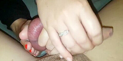 Squeezing his balls with both her hands and feet &amp,amp, Ballbusting handjob