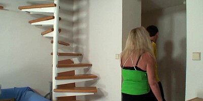 Elder ash-blonde in black tights screwed by young dude