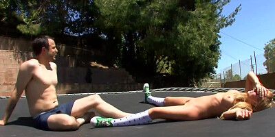 Blonde chick is testing her oral skills on his long piece of cock