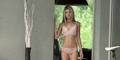 Young girl with natural tits and long legs getting served