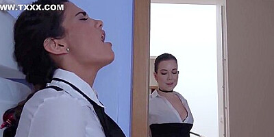 Dyked maid spins hot pussy on her huge strap-on