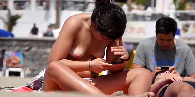 Nice Big-Boobed Latinas on bare-chested beach