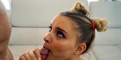 Harlow West gives blowjob and gets fucked in the living room