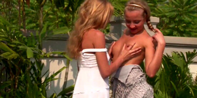 Naked ash-blonde women are energetically making enjoy next to the swimming pool, in the afternoon