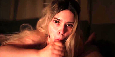 Sex-Positive blond stunner with braces is blowing her roomie's shaft in the middle of the night