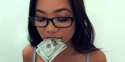 Nerdy Asian babe sucks and fucks stiff shaft for some cash