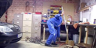 Horny old man is fucking a frisky, blonde slut in his garage, after getting a blowjob