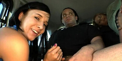Three sluts drag innocent guy in van hoping to suck his dick
